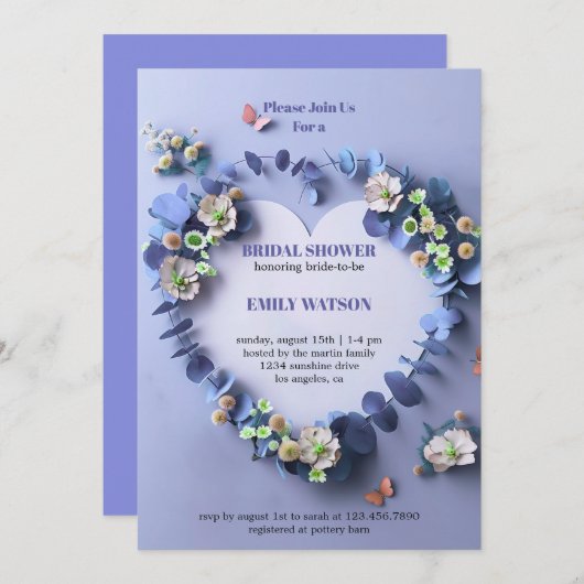 紫エレガントとピンクのフローラブライダルシャワー 招待状 (正面/裏面)