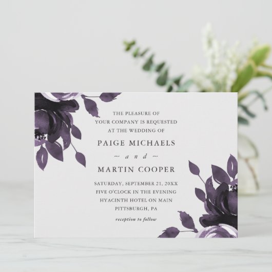 紫エレガントと灰色のフローラ結婚式招待状 招待状 (スタンド正面)