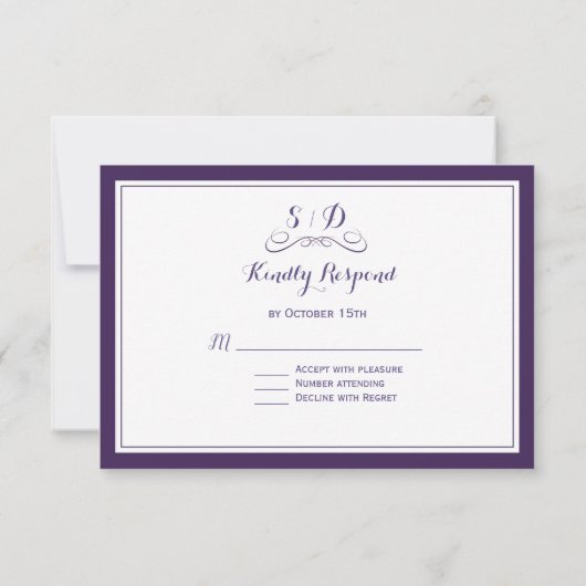 紫エレガントと白のウェディング縁どRSVP 出欠カード (裏面)