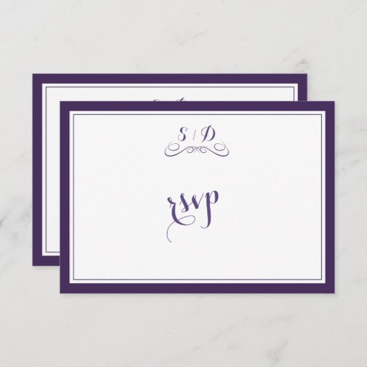 紫エレガントと白のウェディング縁どRSVP 出欠カード (正面/裏面)