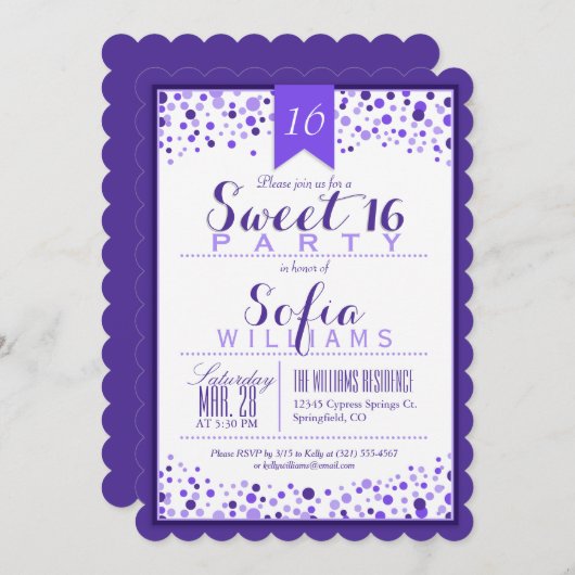 紫エレガントと白の甘い16誕生日パーティー 招待状 (正面/裏面)