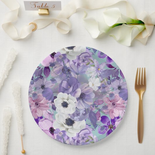 紫エレガントと紫の野花と空 ペーパープレート (ウェディング)
