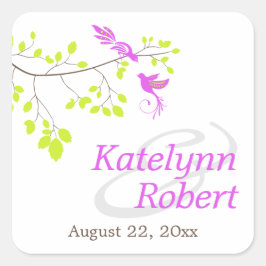 紫エレガントと緑の枝に浮かぶ結婚鳥 スクエアシール