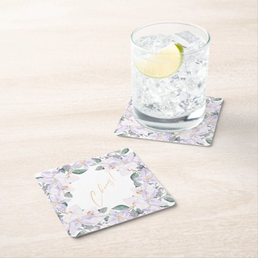 紫エレガントと緑の水彩応援! スクエアペーパーコースター (インサイチュ)