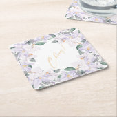 紫エレガントと緑の水彩応援! スクエアペーパーコースター (アングル)