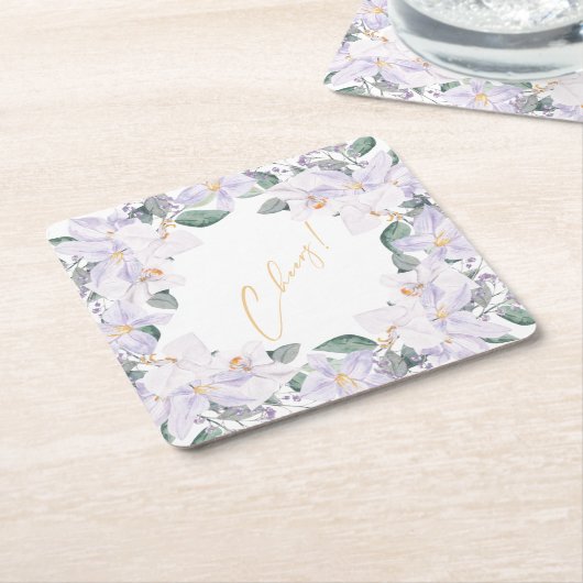 紫エレガントと緑の水彩応援! スクエアペーパーコースター (アングル)