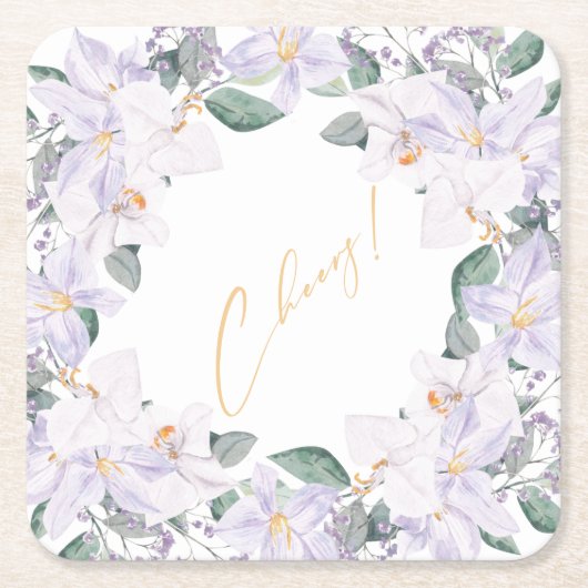 紫エレガントと緑の水彩応援! スクエアペーパーコースター (正面)