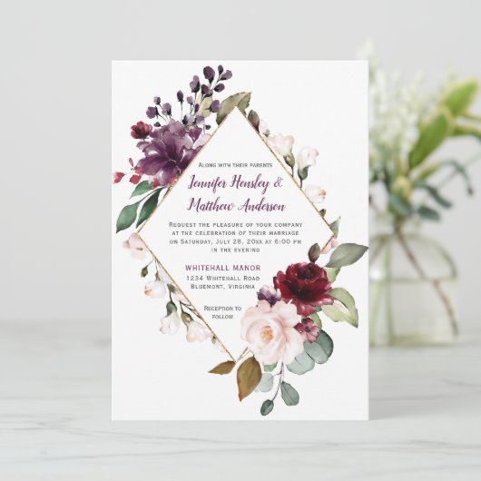 紫エレガントと赤のフローラ枠結婚付 招待状 (スタンド正面)