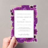 紫エレガントと金ゴールドのバラ澄ん結婚の アクリル招待状 (インサイチュ (ポータブル))