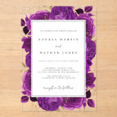 紫エレガントと金ゴールドのバラ澄ん結婚の アクリル招待状 (正面)