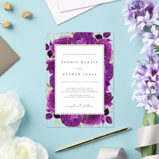 紫エレガントと金ゴールドのバラ澄ん結婚の アクリル招待状 (インサイチュ (ウェディング))