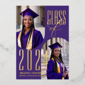 紫エレガントと金ゴールドの写真卒業 箔招待状 (正面)