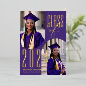 紫エレガントと金ゴールドの写真卒業 箔招待状 (立ち正面)