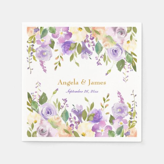 紫エレガントと金ゴールドの水色フローラ結婚 スタンダードカクテルナプキン (正面)