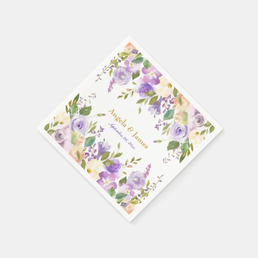 紫エレガントと金ゴールドの水色フローラ結婚 スタンダードカクテルナプキン (角)