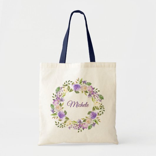 紫エレガントと金ゴールドの水色フローラ結婚 トートバッグ (正面)
