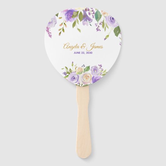 紫エレガントと金ゴールドの水色フローラ結婚 ハンドファン (正面)