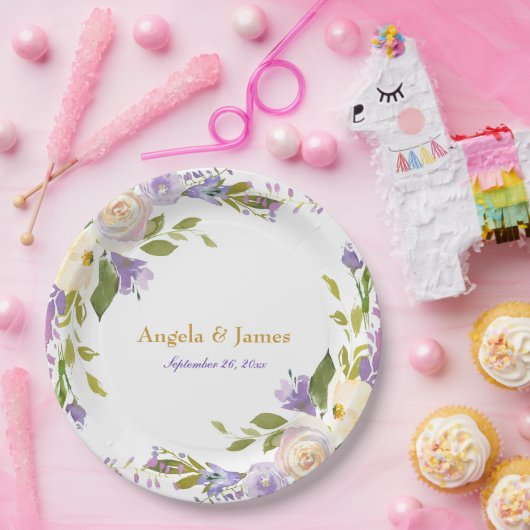 紫エレガントと金ゴールドの水色フローラ結婚 ペーパープレート (パーティー)