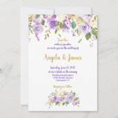紫エレガントと金ゴールドの水色フローラ結婚 招待状 (正面)