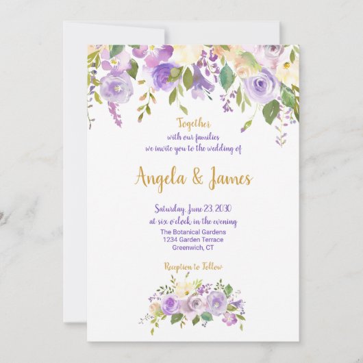 紫エレガントと金ゴールドの水色フローラ結婚 招待状 (正面)