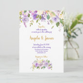 紫エレガントと金ゴールドの水色フローラ結婚 招待状 (スタンド正面)