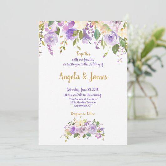 紫エレガントと金ゴールドの水色フローラ結婚 招待状 (スタンド正面)