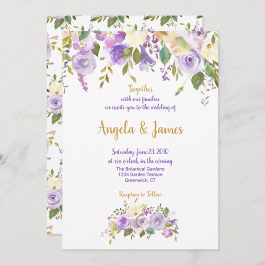 紫エレガントと金ゴールドの水色フローラ結婚 招待状 (正面/裏面)
