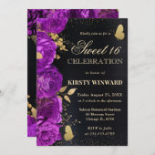 紫エレガントと金ゴールドの花のSweet sixteen 招待状 (正面/裏面)