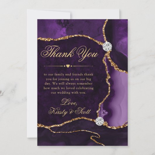 紫エレガントと金ゴールドグリッターアゲ結婚ート サンキューカード (正面)