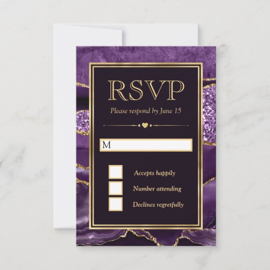 紫エレガントと金ゴールドグリッターアゲ結婚ート 出欠カード (正面)
