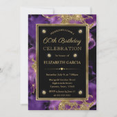 紫エレガントと金ゴールドグリッターインク60誕生日 招待状 (正面)