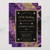 紫エレガントと金ゴールドグリッターインク60誕生日 招待状 (正面/裏面)