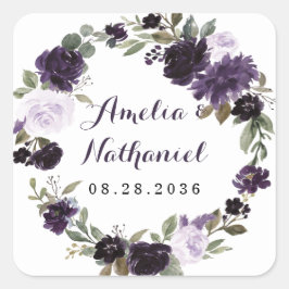 紫エレガントと金ゴールドグリーンリーフのフローラ結婚ズ スクエアシール