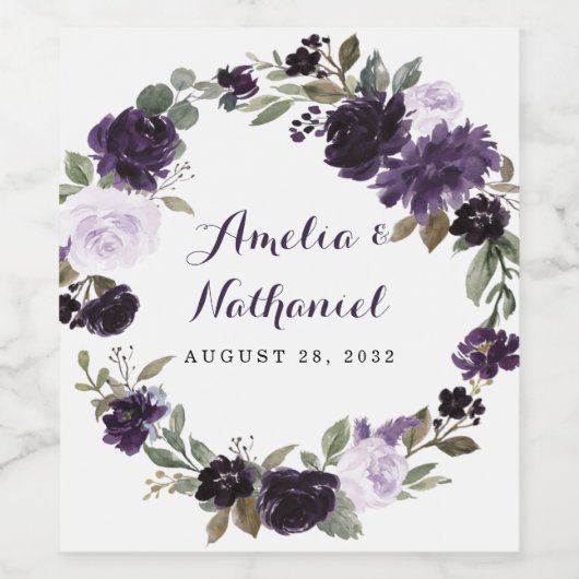 紫エレガントと金ゴールドグリーンリーフのフローラ結婚ズ ワインラベル (シングルラベル)