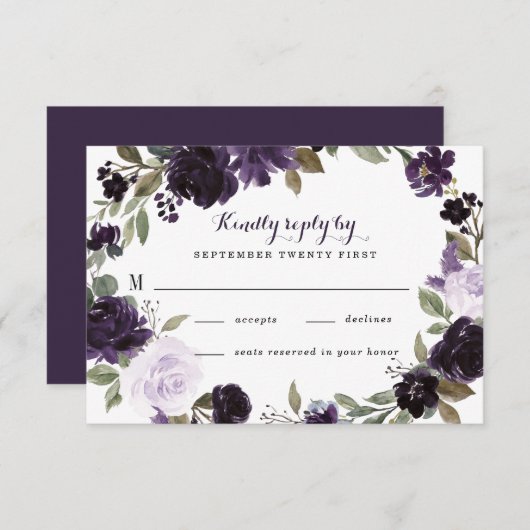 紫エレガントと金ゴールドグリーンリーフのフローラ結婚ズ 出欠カード (正面/裏面)