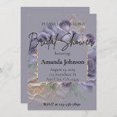 紫エレガントと金ゴールドフローラブライダルシャワー 招待状 (正面/裏面)