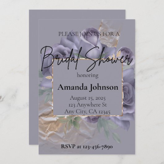 紫エレガントと金ゴールドフローラブライダルシャワー 招待状 (正面/裏面)