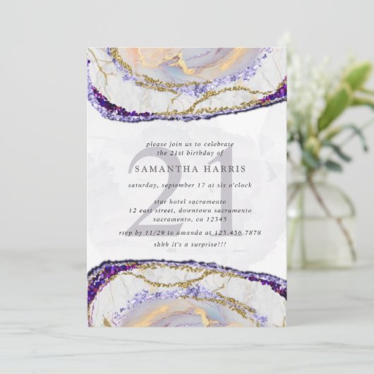 紫エレガントと金ゴールド大理石21歳の誕生日パーティー 招待状 (スタンド正面)