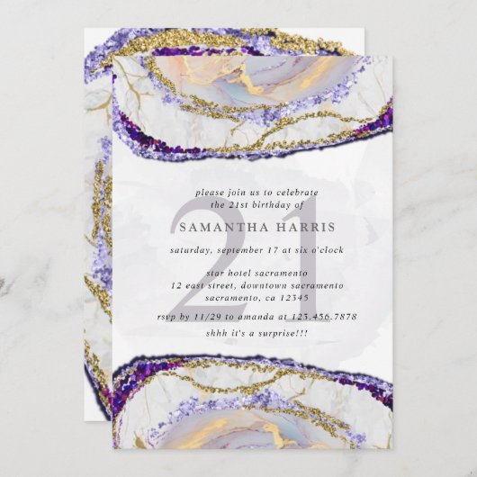 紫エレガントと金ゴールド大理石21歳の誕生日パーティー 招待状 (正面/裏面)