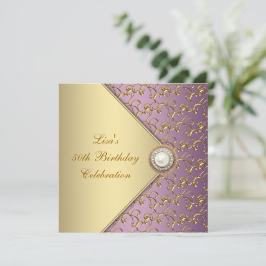 紫エレガントと金ゴールド女性50th誕生日パーティー 招待状 (スタンド正面)