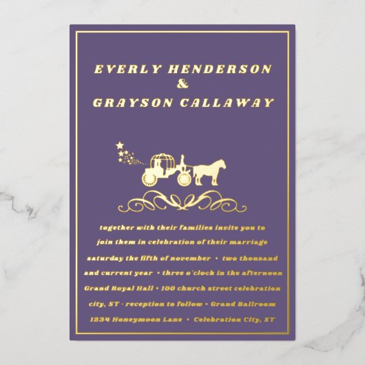 紫エレガントと金ゴールド結婚の 箔招待状 (正面)