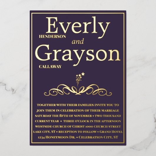 紫エレガントと金ゴールド結婚の 箔招待状 (正面)