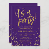 紫エレガントと金ゴールド50th誕生日パーティー 招待状 (正面/裏面)