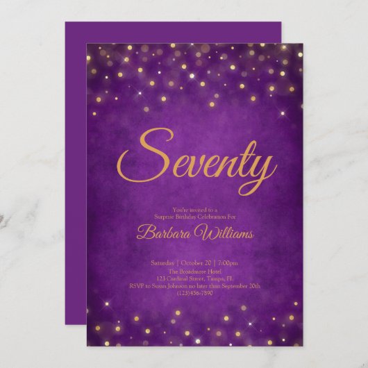 紫エレガントと金ゴールド70th BirthdayInvitation 招待状 (正面/裏面)
