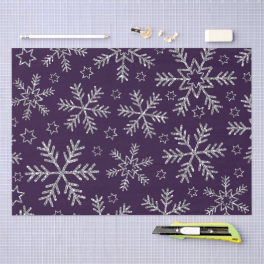 紫エレガントと銀の雪片クリスマス 薄葉紙 (クラフト)