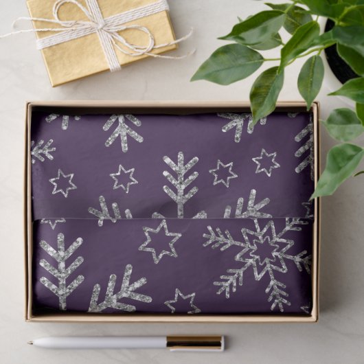 紫エレガントと銀の雪片クリスマス 薄葉紙 (ギフト)