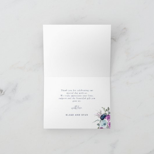 紫エレガントと青のフローラの結婚折り畳み サンキューカード (内部)