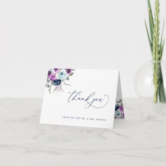 紫エレガントと青のフローラの結婚折り畳み サンキューカード (正面)