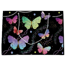 紫エレガントと青の明るい蝶 ラージペーパーバッグ