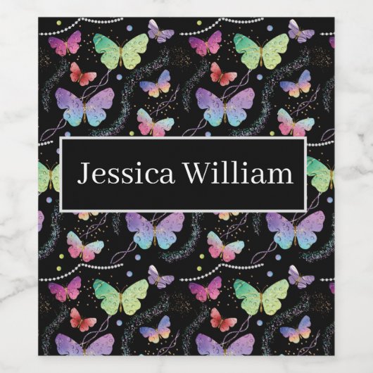 紫エレガントと青の明るい蝶 ワインラベル (シングルラベル)